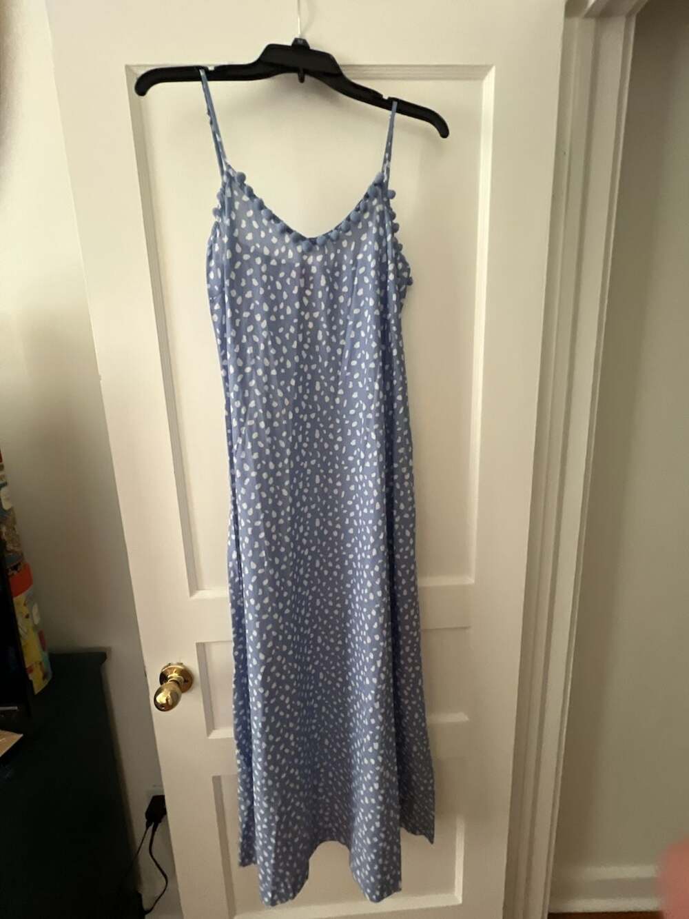 Simply Southern Maxi Dress Size L Blue White Dotted Pom Pom Trim